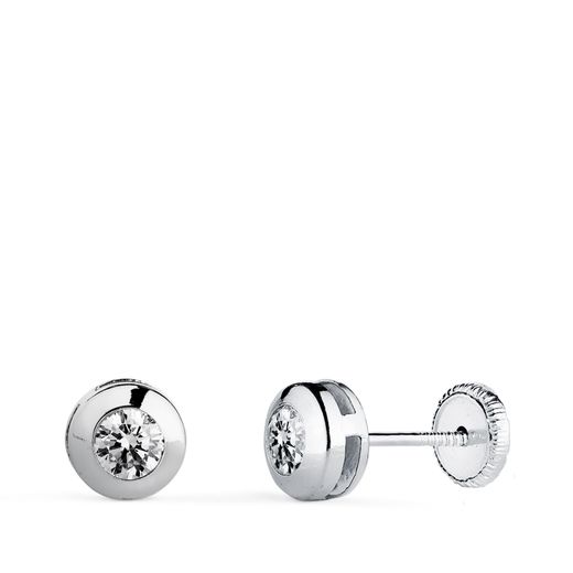 18K Pendientes Oro Blanco Chaton Galeria Con Circonita. Medida: 6 Mm. Cierre Tuerca
