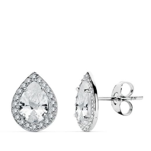18K Pendientes Oro Blanco Circonita 10X8 Mm Cierre Presion