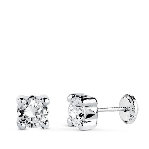 18K Pendientes Oro Blanco Circonita 5Mm Con 4 Garras. Ancho: 5,5 Mm. Cierre Tuerca