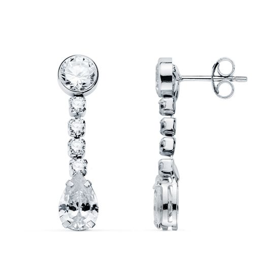 18K Pendientes Oro Blanco Circonita En Forma De Gota Y Circonitas. 22X5 Mm. Cierre Presion