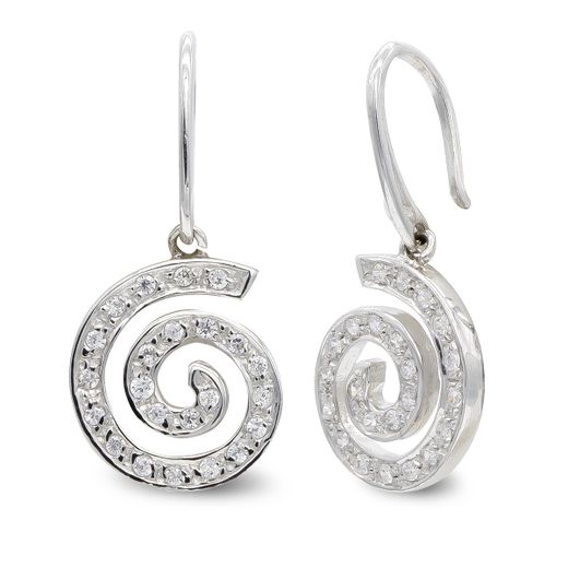 18K Pendientes Oro Blanco Circonita Espiral. 15X13 Mm Cierre Gancho