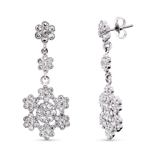 18K Pendientes Oro Blanco Circonita Flores 36X14 Mm Cierre Presion