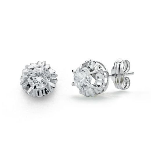 18K Pendientes Oro Blanco Circonita Garra 7 Mm Cierre Presion