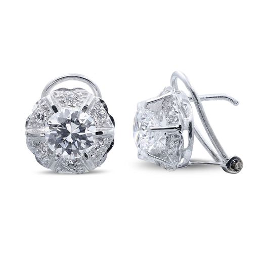 18K Pendientes Oro Blanco Con Circonita En Garras Cierre Omega