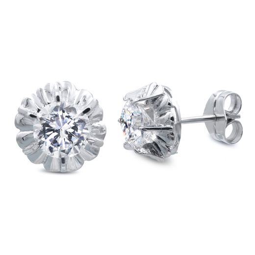18K Pendientes Oro Blanco Con Circonita En Garras Cierre Presion