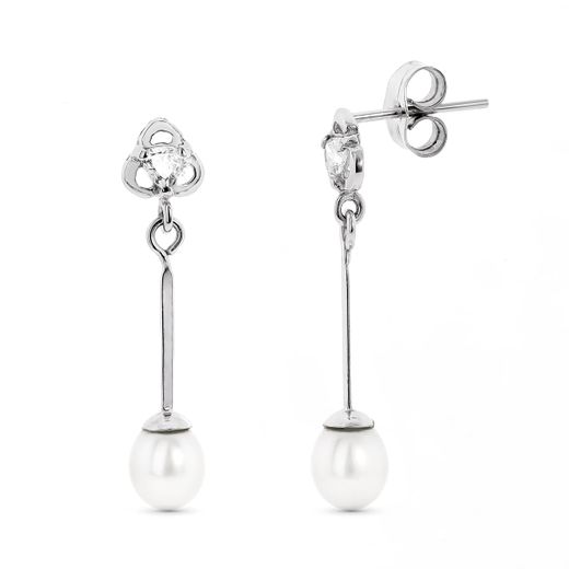18K Pendientes Oro Blanco Con Circonita Y Perla Cierre Presion