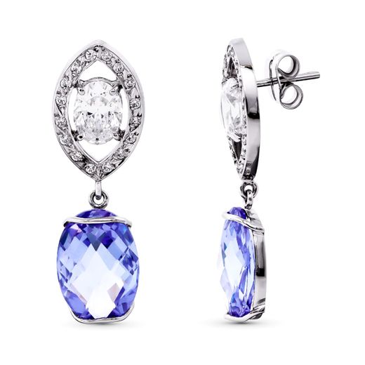 18K Pendientes Oro Blanco Con Circonita Y Piedras De Color 35X11 Mm Cierre Presion