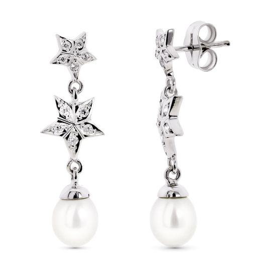 18K Pendientes Oro Blanco Con Estrellas Y Perla Cierre Presion