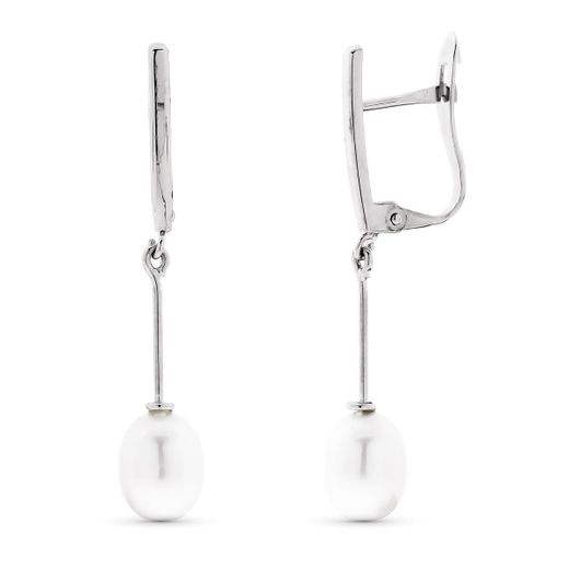 18K Pendientes Oro Blanco Con Perla 30X5 Mm Cierre Catalan