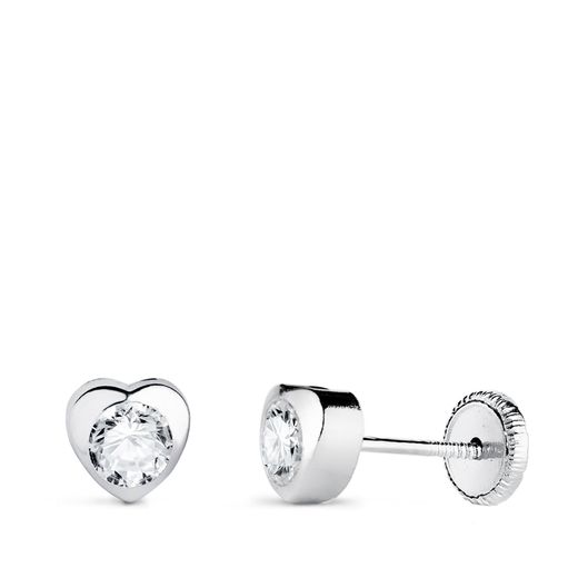 18K Pendientes Oro Blanco Corazon Con Circonita. Medida: 5 X 5 Mm Cierre Tuerca