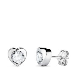18K Pendientes Oro Blanco Corazon Con Circonita. Medida: 6 X 6 Mm Cierre Presion