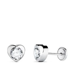 18K Pendientes Oro Blanco Corazon Con Circonita. Medida: 6 X 6 Mm Cierre Tuerca