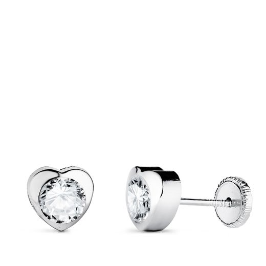 18K Pendientes Oro Blanco Corazon Con Circonita. Medida: 6 X 6 Mm Cierre Tuerca