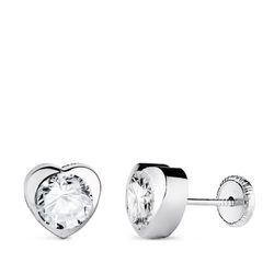 18K Pendientes Oro Blanco Corazon Con Circonita. Medida: 7,5 X 7,5 Mm Cierre Tuerca