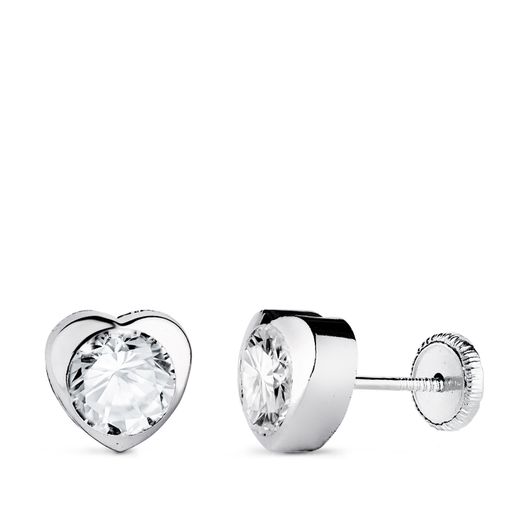 18K Pendientes Oro Blanco Corazon Con Circonita. Medida: 7,5 X 7,5 Mm Cierre Tuerca