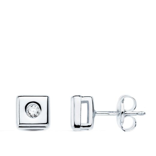 18K Pendientes Oro Blanco Cuadrados 6 Mm Diamantes 0,100 Qts. G-Vs2. Cierre Presion