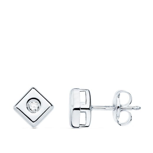 18K Pendientes Oro Blanco Cuadrados 6 Mm Diamantes 0,100 Qts. G-Vs2. Cierre Presion