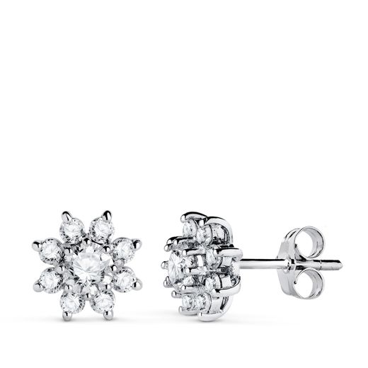 18K Pendientes Oro Blanco Cuajo Con 18 Diamantes 1,00 Qtes, G-Vs2. 9X9 Mm. Cierre Presion