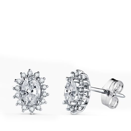 18K Pendientes Oro Blanco Cuajo Oval 28 Diamantes 0,28 Qtes - 2 Ovales 1,1 Qtes G-Vs2. 10X8Mm. Cierre Presion