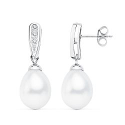 18K Pendientes Oro Blanco De Novia Con Perla 24X9 Mm Cierre Presion