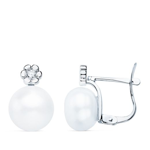 18K Pendientes Oro Blanco Diamantes 0.06 Qts G-Vs2. Perla 9 Mm 13X9 Mm Cierre Catalan