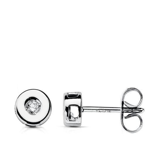 18K Pendientes Oro Blanco Diamantes Talla Brillante 0,07 Qts. 5,5 Mm Cierre Presion