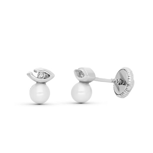 18K Pendientes Oro Blanco Diamantes Talla Brillante Y Perla 5X4 Mm Cierre Tuerca