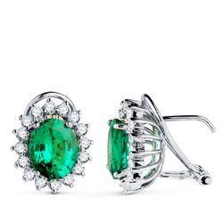 18K Pendientes Oro Blanco Diamantes Y Esmeralda 9X7 Mm 3,62 Qts. Diamantes 1,12 Qts. Vs2-G Cierre Omega 14X12 Mm