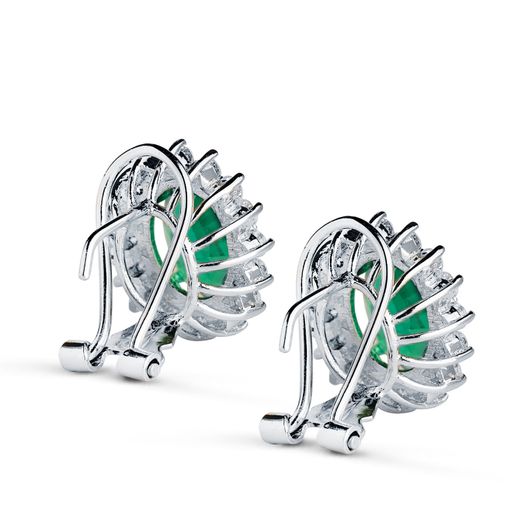 18K Pendientes Oro Blanco Diamantes Y Esmeralda 9X7 Mm 3,62 Qts. Diamantes 1,12 Qts. Vs2-G Cierre Omega 14X12 Mm