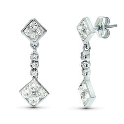 18K Pendientes Oro Blanco Doble Cuerpo Juego Novia Circonita 23X8 Mm Presion