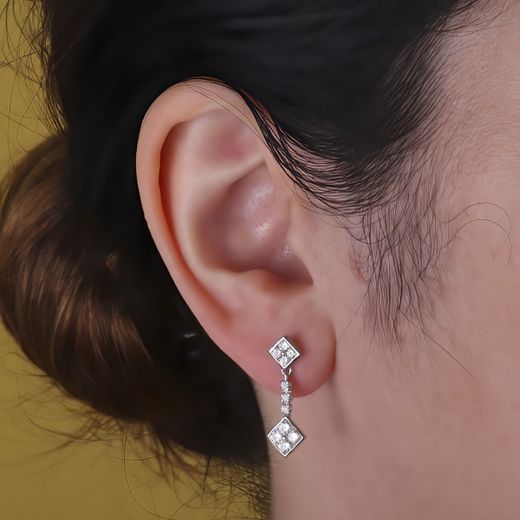 18K Pendientes Oro Blanco Doble Cuerpo Juego Novia Circonita 23X8 Mm Presion