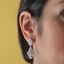 18K Pendientes Oro Blanco Doble Cuerpo Juego Novia Circonita 40X15 Mm Presion