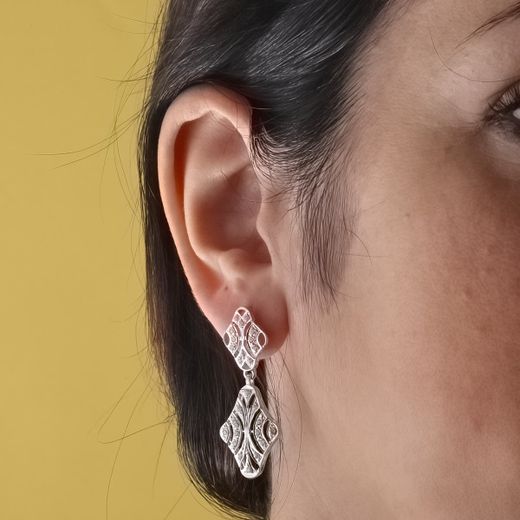 18K Pendientes Oro Blanco Doble Cuerpo Juego Novia Circonita 40X15 Mm Presion