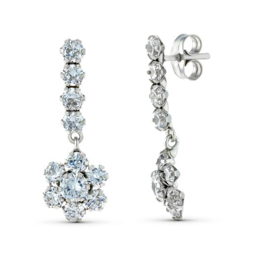 18K Pendientes Oro Blanco Dos Cuerpos Con Circonita 25X9 Mm. Cierre Presion