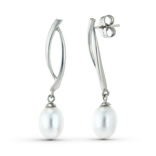 18K Pendientes Oro Blanco Dos Cuerpos Con Perlas. Cierre Presion