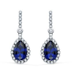 18K Pendientes Oro Blanco Dos Cuerpos Con Piedra Azul 12 X 8Mm. 33X12Mm Cierre Presion