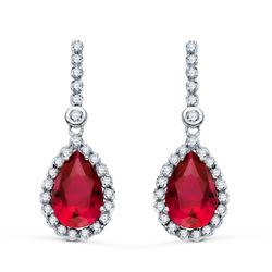 18K Pendientes Oro Blanco Dos Cuerpos Con Piedra Roja 12 X 8Mm. 33X12Mm Cierre Presion