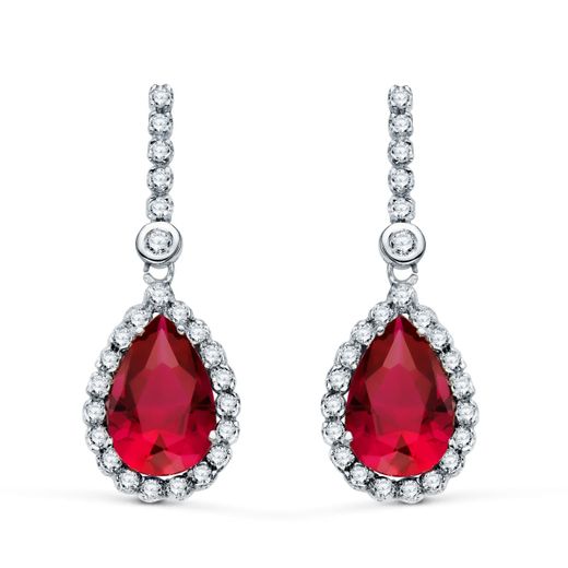 18K Pendientes Oro Blanco Dos Cuerpos Con Piedra Roja 12 X 8Mm. 33X12Mm Cierre Presion