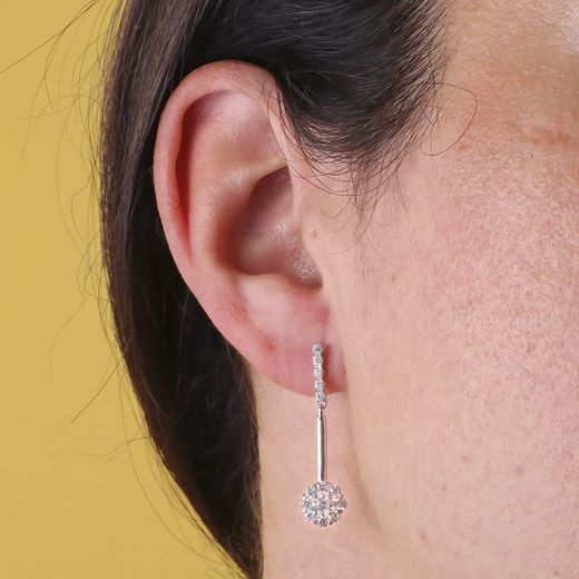 18K Pendientes Oro Blanco Dos Cuerpos Juego De Novias Circonita 33X6 Mm Cierre Presion
