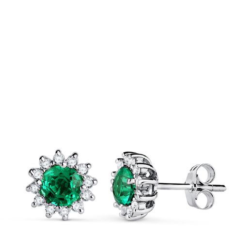 18K Pendientes Oro Blanco Esmeralda  0,96 Qt. 24 Diamantes 0,340 Qts. Vs2-G. 9 Mm Cierre Presion