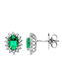 18K Pendientes Oro Blanco Esmeralda 6X4 Mm 0,78 Qts. Diamantes 0,28 Qts. Vs2-G Cierre Presion 9,5X8 Mm