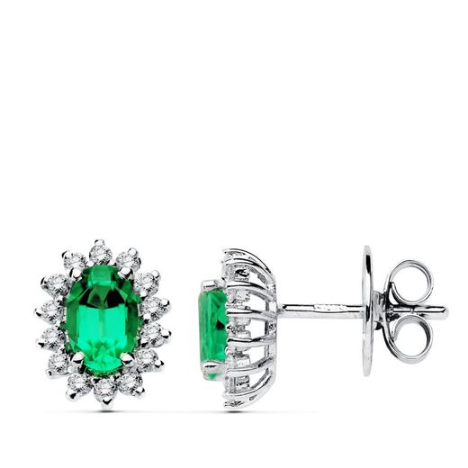18K Pendientes Oro Blanco Esmeralda 6X4 Mm 0,78 Qts. Diamantes 0,28 Qts. Vs2-G Cierre Presion 9,5X8 Mm