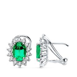 18K Pendientes Oro Blanco Esmeralda 7X5 Mm 1,50 Qts. Diamantes Si-H. 0.580 Qts.Cierre Omega 11,5Xx9,5 Mm