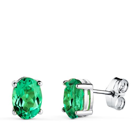 18K Pendientes Oro Blanco Esmeralda Recristalizada 7X5 Mm 1,58 Qt. Cierre Presion