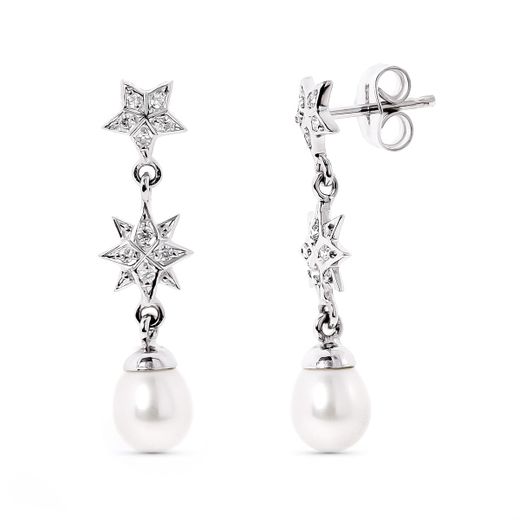 18K Pendientes Oro Blanco Estrelas De Circonita Y Perla Cierre Presion