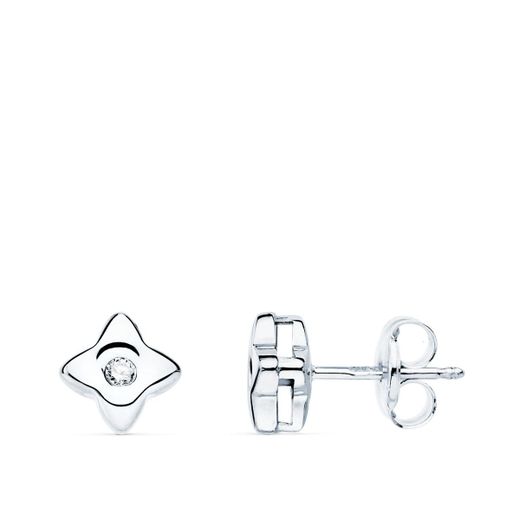 18K Pendientes Oro Blanco Estrella 5.5X5.5 Mm Diamante 0.040 Qt. G-Vs2.Cierre Presion