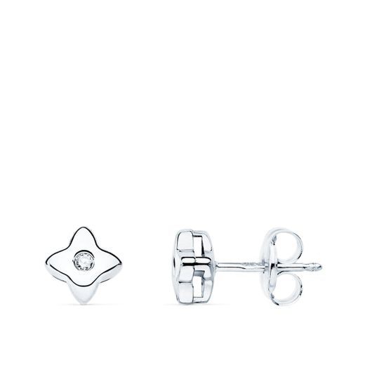 18K Pendientes Oro Blanco Estrella 5X5 Mm Diamante 0.030 Qt. G-Vs2.Cierre Presion