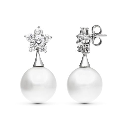 18K Pendientes Oro Blanco Flor Circonita Perla 14 Mm Cierre Presion