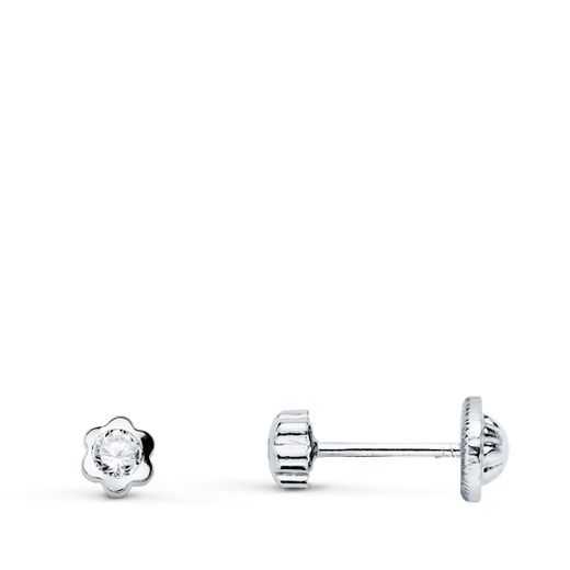 18K Pendientes Oro Blanco Flor Con Circonita 3.5X3.5 Mm Cierre Tuerca
