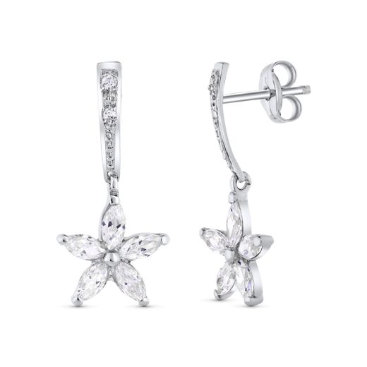 18K Pendientes Oro Blanco Flor Presion. 20X9 Mm Cierre Presion